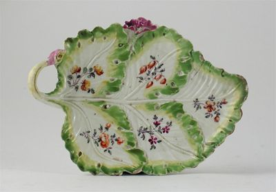 A Derby leaf moulded dish painted with flower sprays each