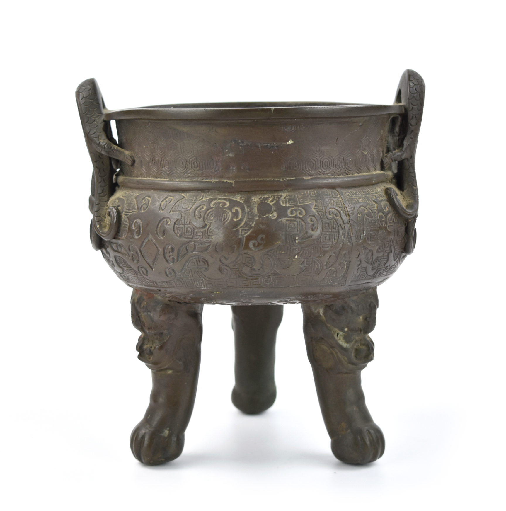 Chinese Qing Dynasty bronze tripod censer the lobed body of