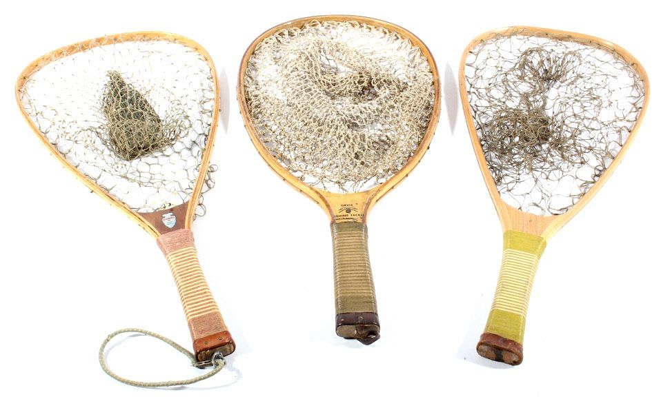 Lot of Three Antique Bent Wood Fishing Nets For bidding