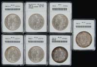 SEVEN GRADED CASED MORGAN SILVER DOLLARS Graded by ANACS 1885