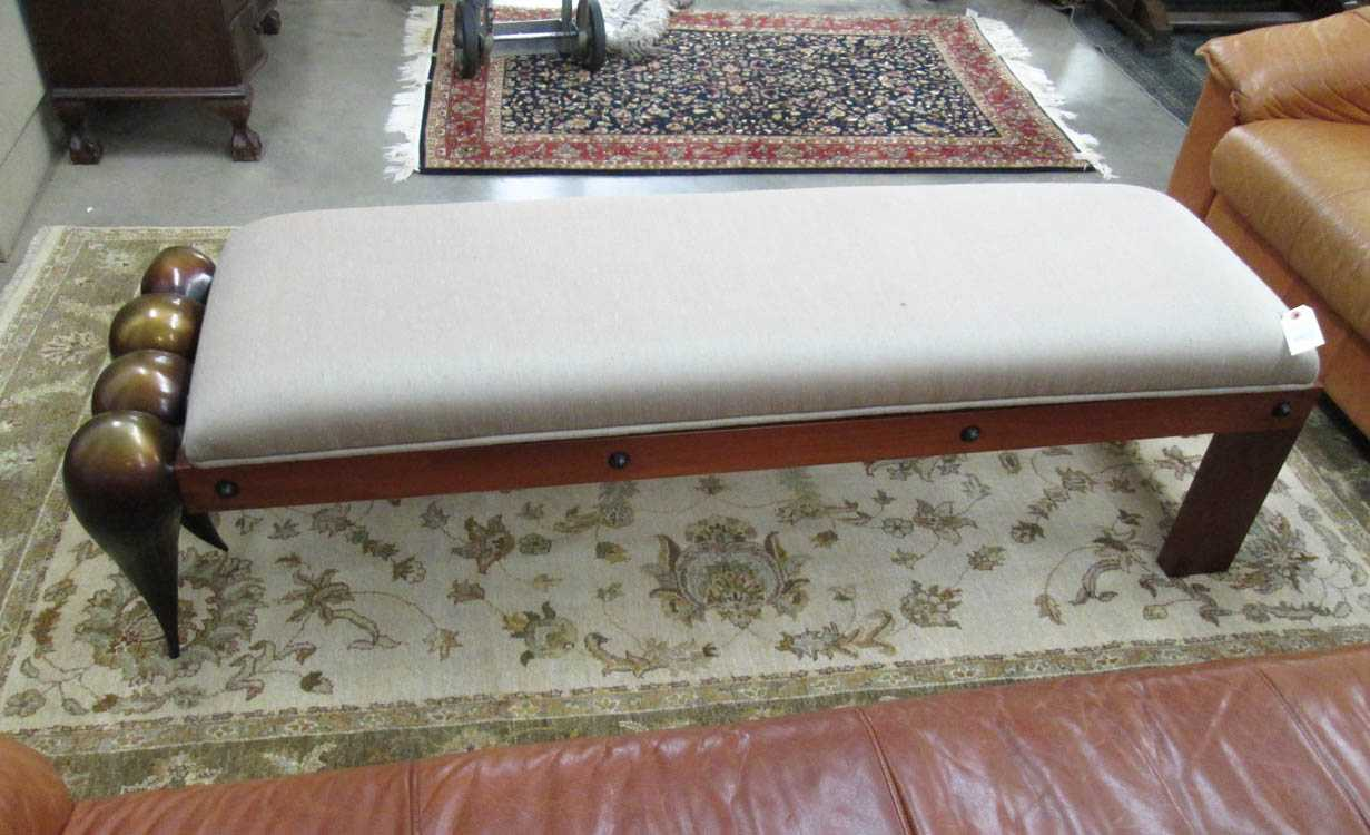 BRONZE GLASS AND UPHOLSTERED MAHOGANY ANEMOME BENCH Mark Hanson Studio