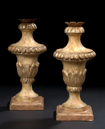 Pair of Italian Wrought Tin Mounted Carved and Parcel Gilded