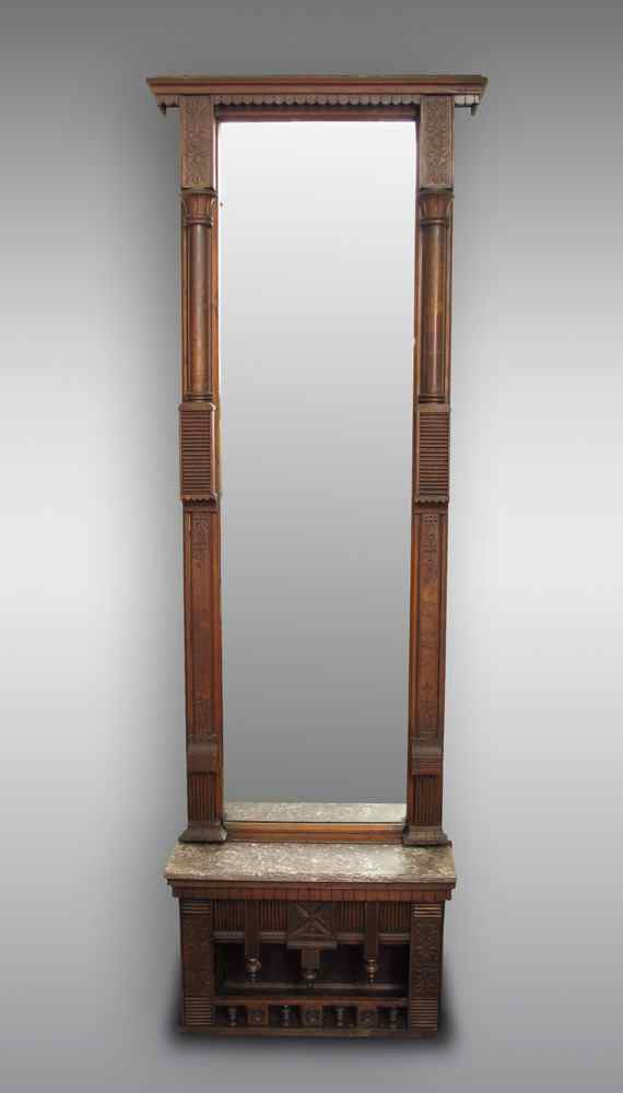 VICTORIAN WALNUT PIER MIRROR Dentil molding to crest sides with