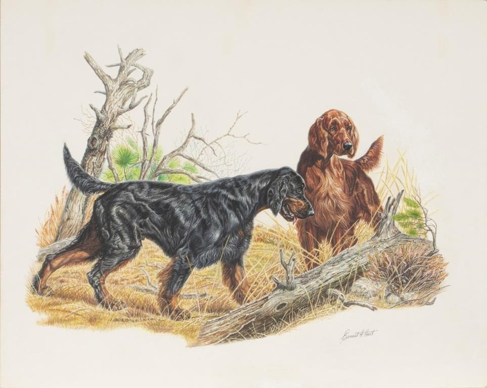Setters on Point signed Ernest H Hart lower right watercolor