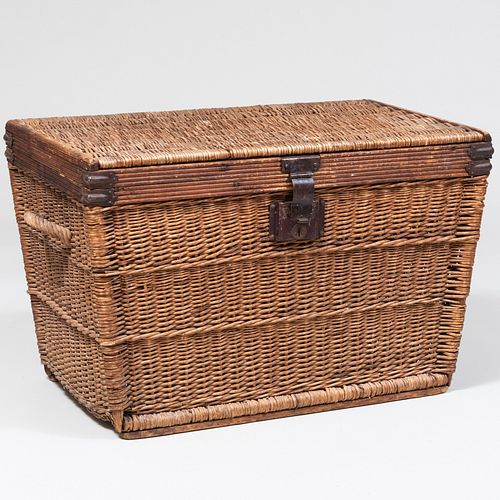 VICTORIAN RATTAN AND PINE LAUNDRY BASKETWith stained white metal lock
