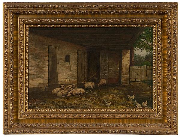 BARN SCENE WITH SHEEP AND CHICKENS BY H F G