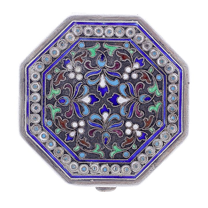 Silver and Enamel Compact An intricate multi colored octagonal silver