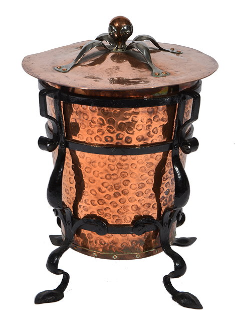AN ARTS AND CRAFTS COPPER AND WROUGHT IRON COAL BIN