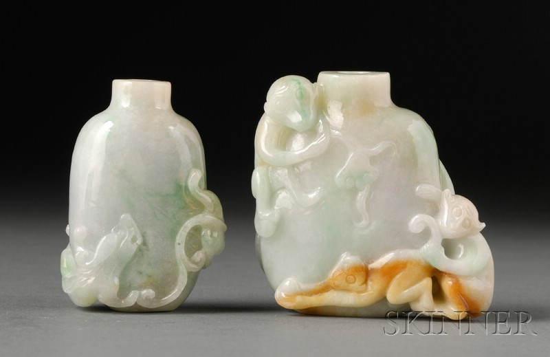 Two Jade Snuff Bottles pale lavender gray with apple green