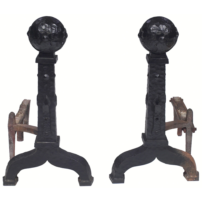 Arts and Crafts andirons large hammered form with spherical top