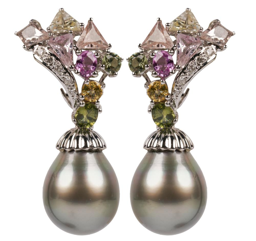 PAIR OF 18 KARAT WHITE GOLD DIAMOND MULTI GEM DROP