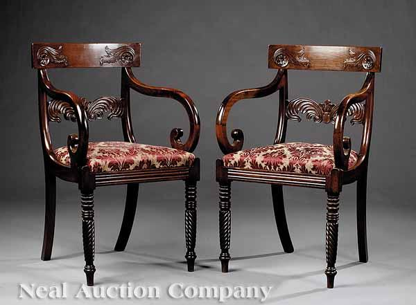 A Pair of Regency Carved Mahogany Armchairs c 1830 with