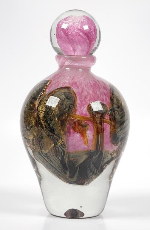 Hand blown art glass bottle sculpture with gold leaf design