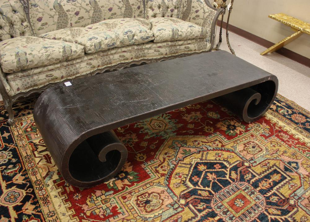 CHINESE EBONIZED WOOD SCROLL END LOW TABLE 17 25 H