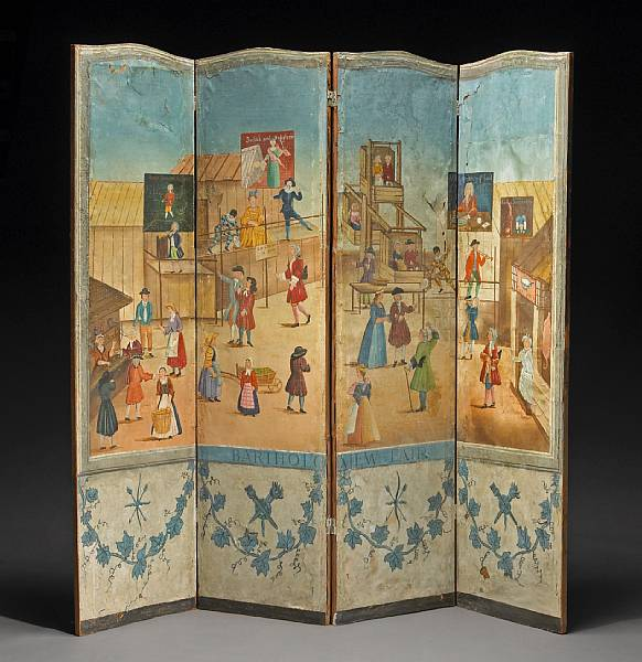 An English painted paper on canvas four panel floor screen