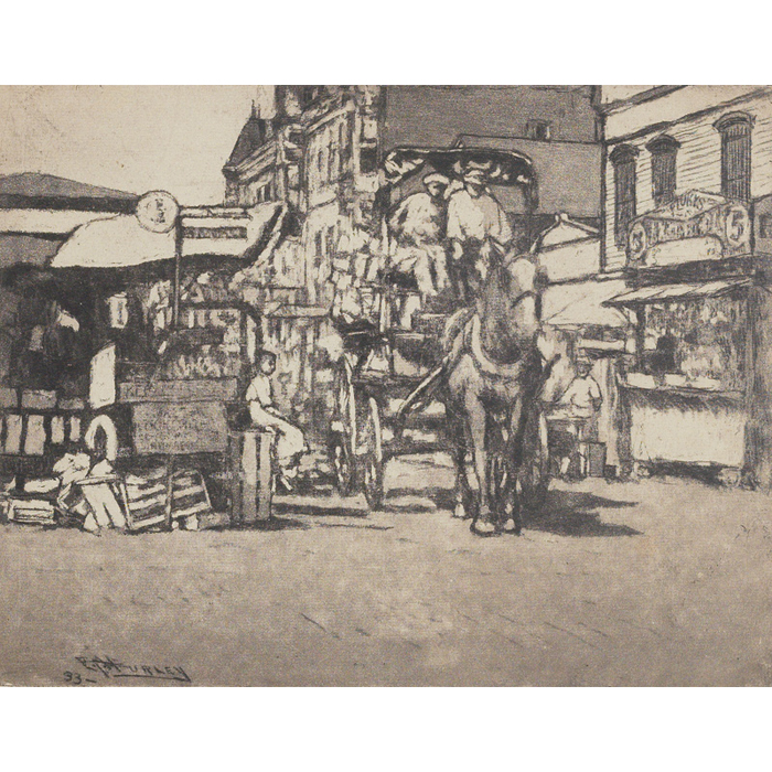 Rare E T Hurley etching Maxwell Street signed matted framed