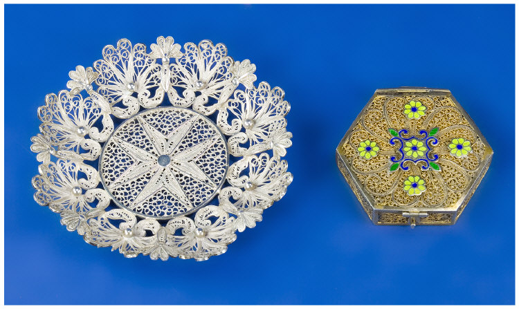 Silver Wire Work and Enamelled Compact The Hinged Top With