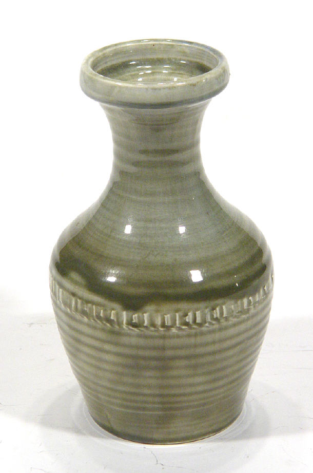 Moorcroft Pottery Handcraft ribbed vase decorated in a green glaze
