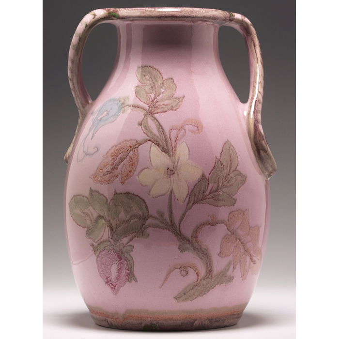 Exceptional Weller vase large double handled shape in pink with