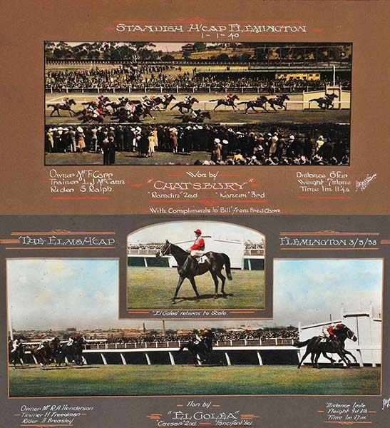 TWO PHOTOGRAPHS OF FLEMINGTON RACE FINISHES both hand coloured by