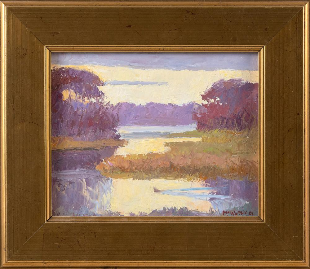 MARGARET MCWETHY MARYLAND MASSACHUSETTS B 1955 RIVER AUTUMN SUNSET OIL