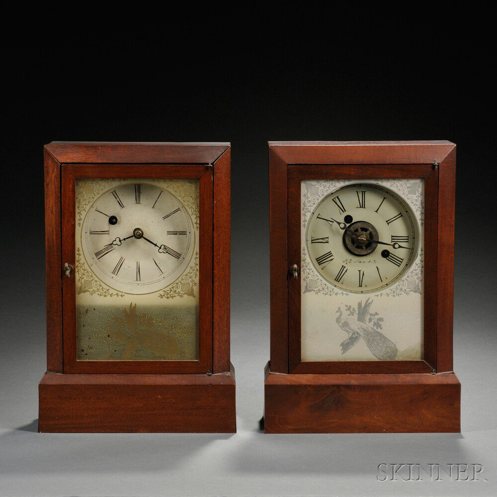 Pair of Atkins Cottage Clocks both flat top mahogany cases