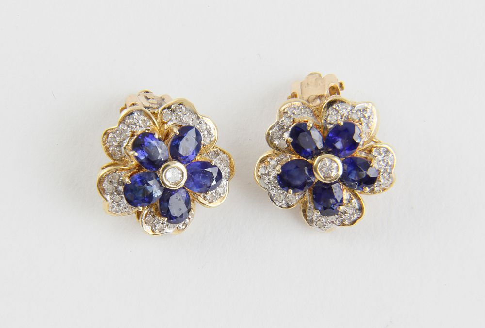 Pair of Blue Sapphire and Diamond Flower Earclips Pair of
