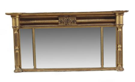 A Regency giltwood triptych overmantel mirror the pediment with projecting