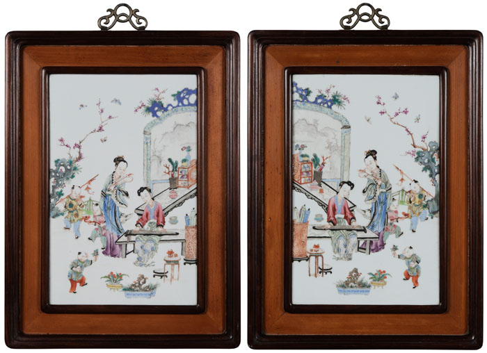 Pair Porcelain Plaques Chinese 20th century mirror image ladies in