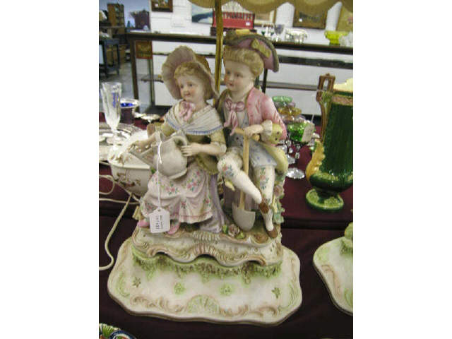 Figural Bisque Lamp French boy girl gardening