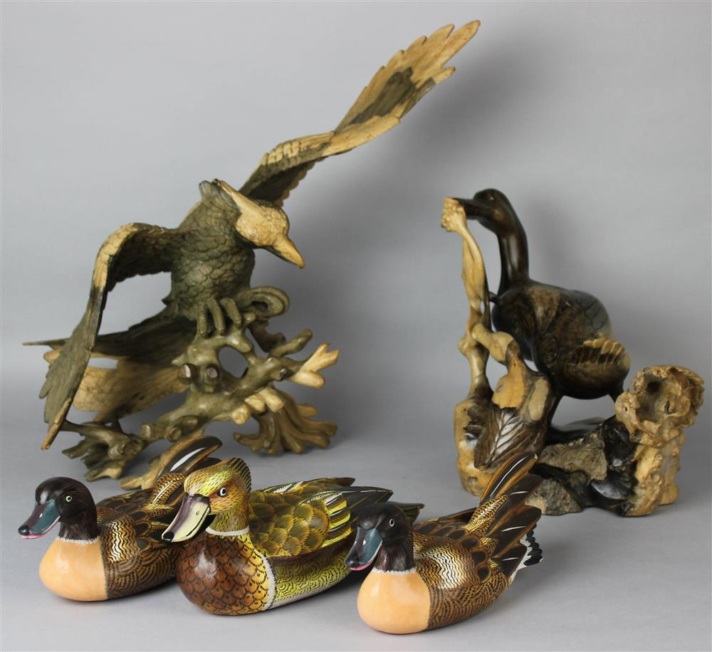 INDONESIAN WOOD DUCK GROUP carved as a duck and her