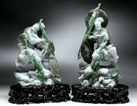 PAIR JADEITE FISHERMAN IMMORTALS Pair of beautifully carved and polished