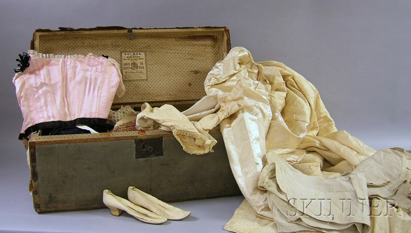 Trunk Full of Antique Clothing and Linens including military jackets