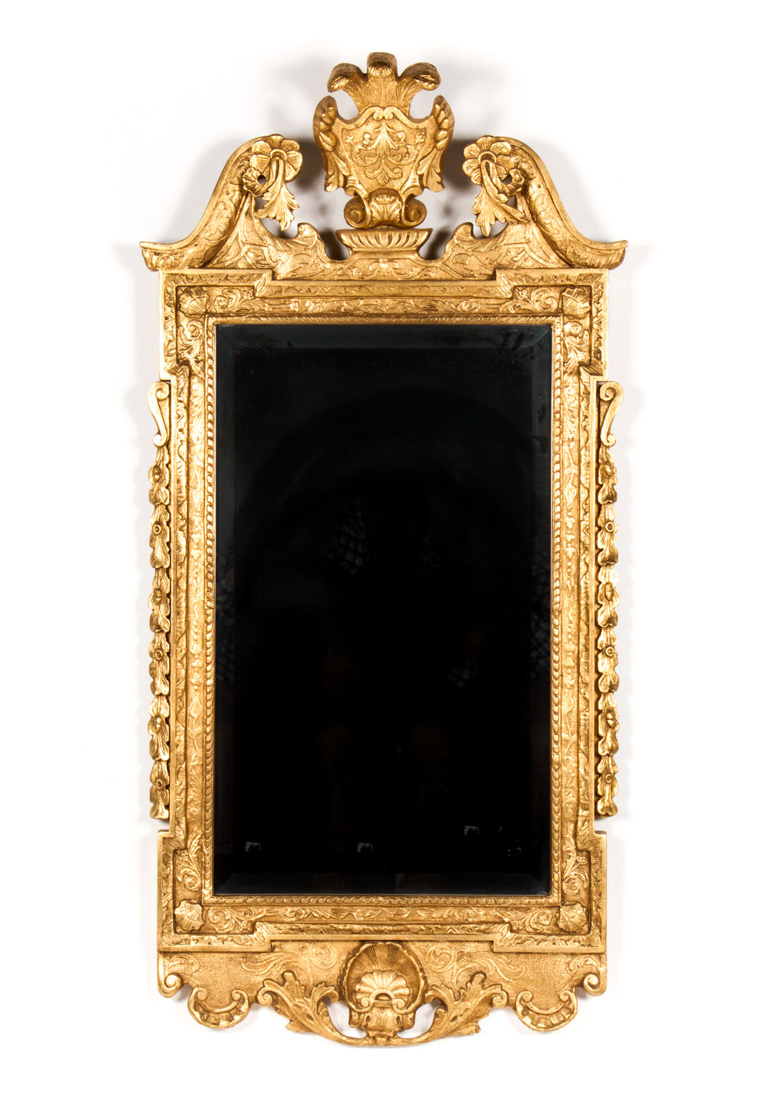 George I giltwood looking glass broken arched pediment with feather