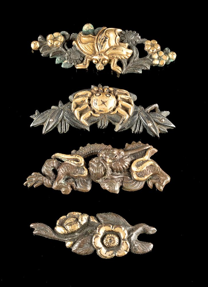 Lot of 4 Japanese Edo Period Gilt Copper Menuki Holiday