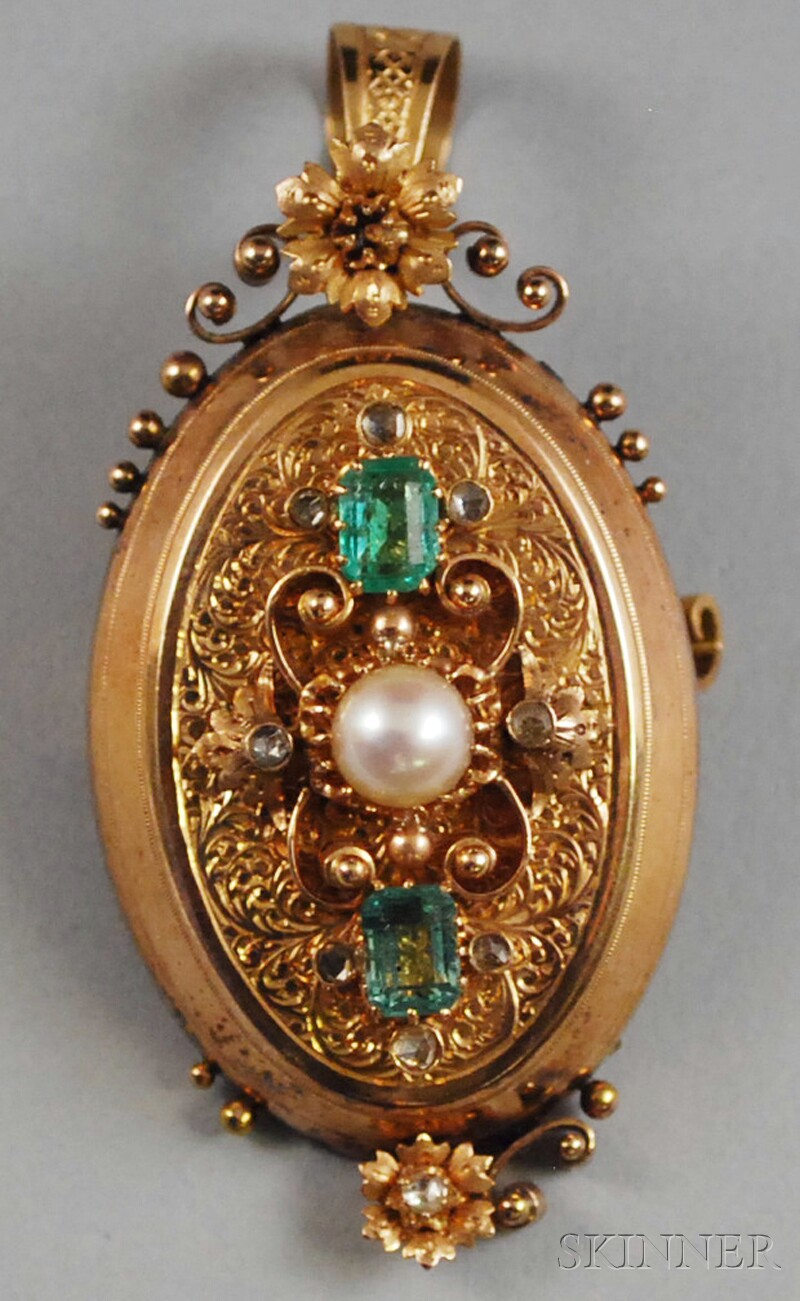 18kt Gold Gem set Locket Pendant Brooch set with emeralds