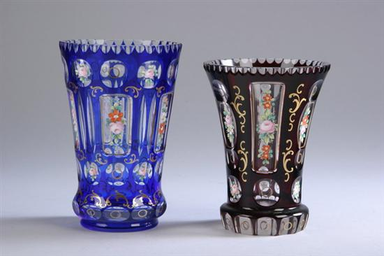TWO BOHEMIAN GLASS VASES 20th century One cobalt cut to