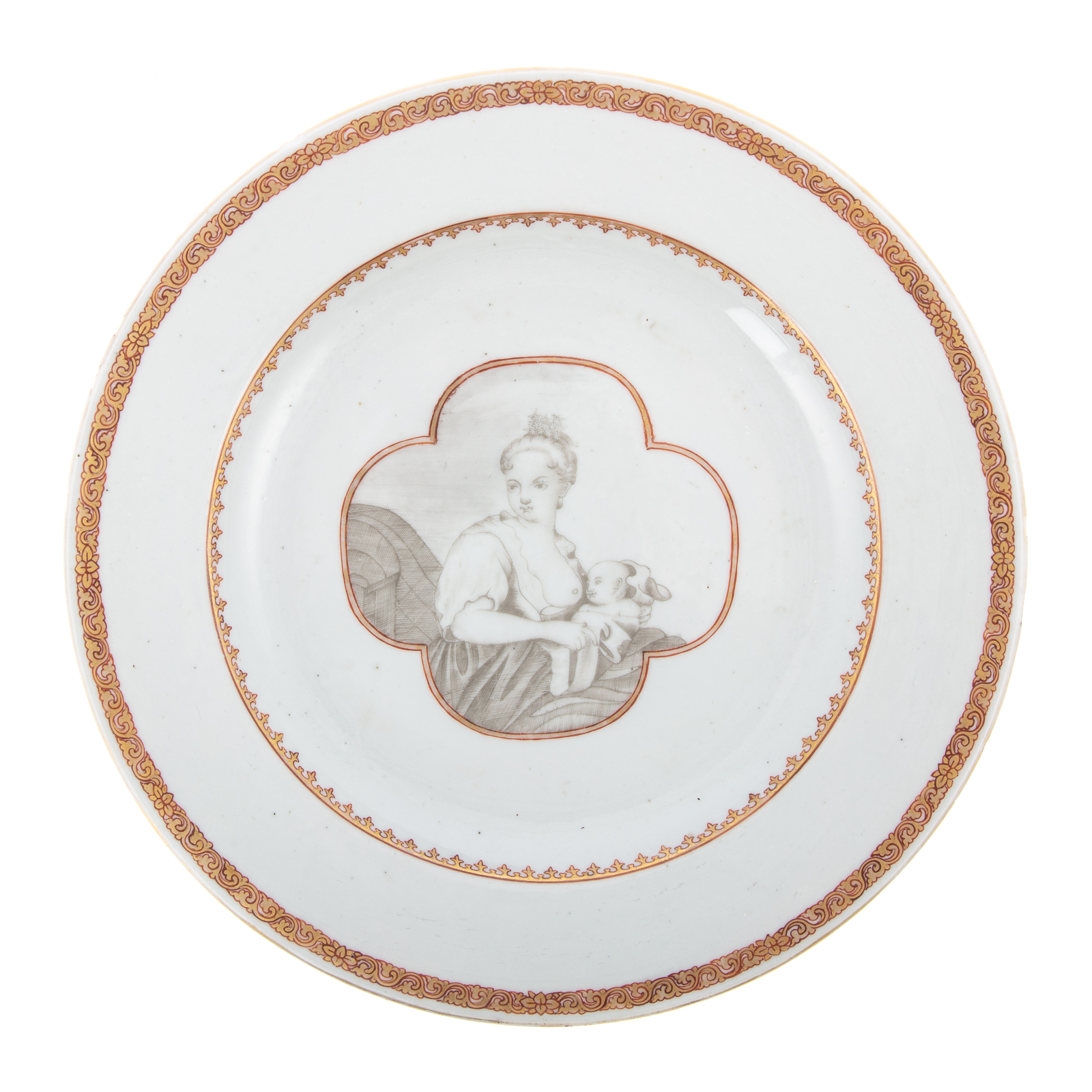RARE CHINESE EXPORT EUROPEAN SUBJECT PLATE Circa 1740 50 gilt
