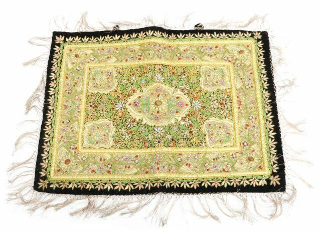 Elaborately embroidered textile with gemstone cabochons and glass beads set