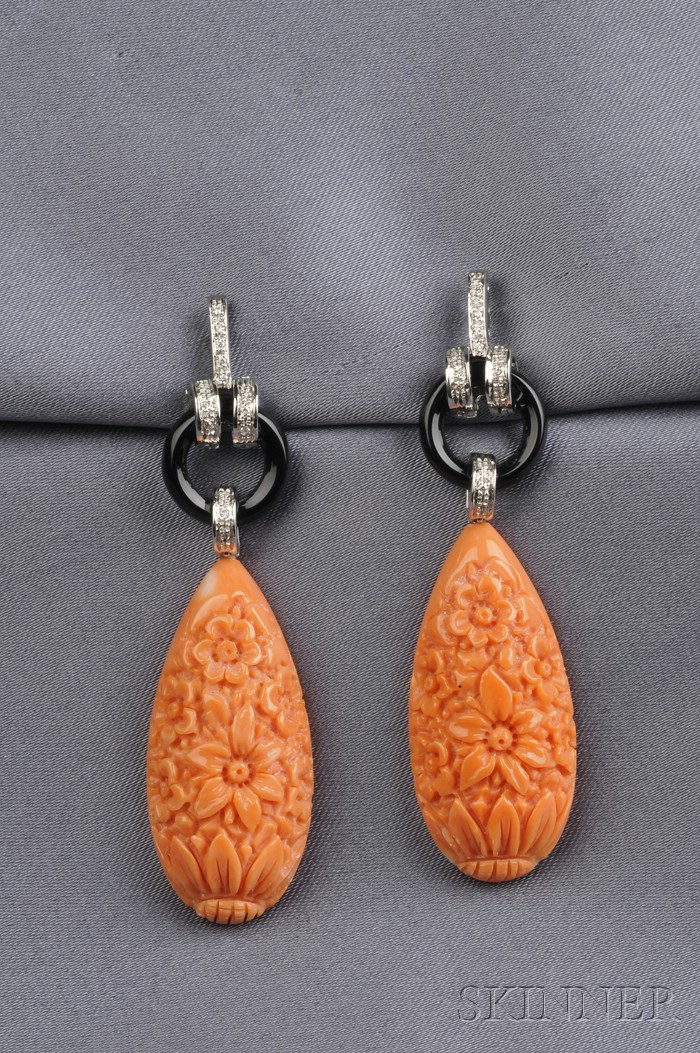 18kt White Gold Coral Black Onyx and Diamond Earpendants each
