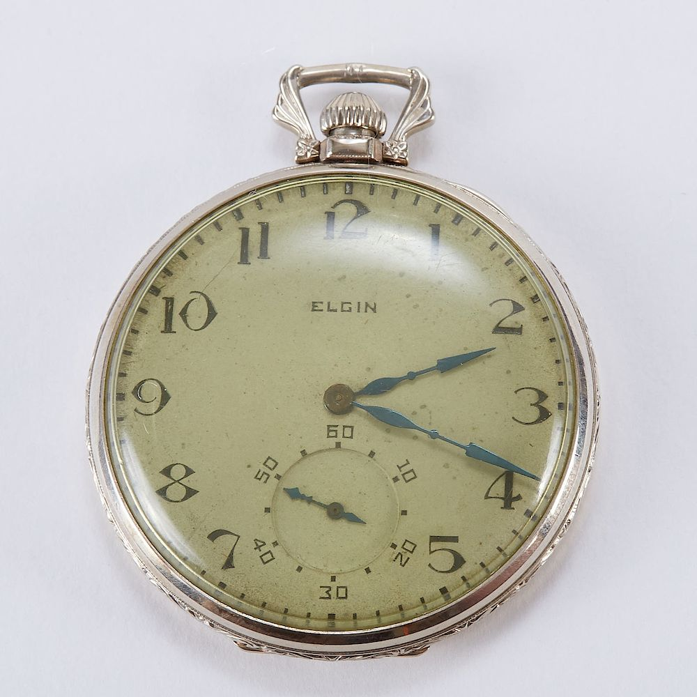Elgin White Gold Pocket Watch w Keystone Case 17 Elgin