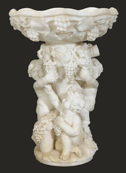 An Italian carved alabaster figural compote The circular bowl with