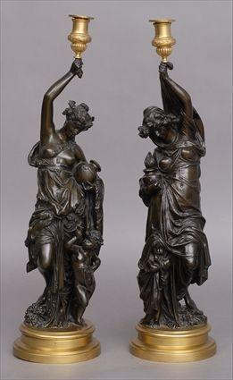 AFTER CARRIER BELLEUSE PAIR OF GILT BRONZE MOUNTED BRONZE CLASSICAL