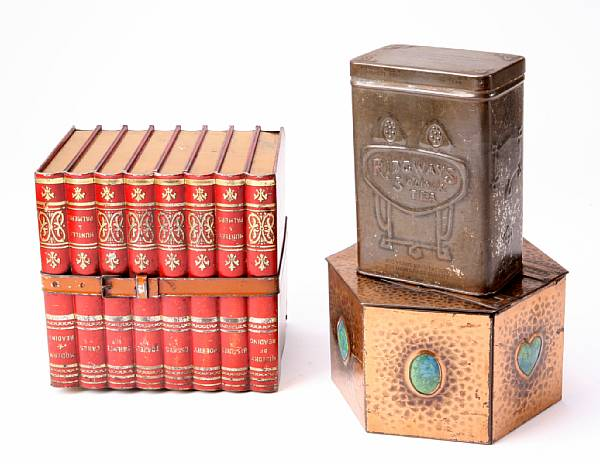 A group of three English collectible tin containers comprising a