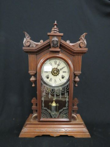 Gilbert Carved Parlor Clock Jenny Lind top silver stenciled glass