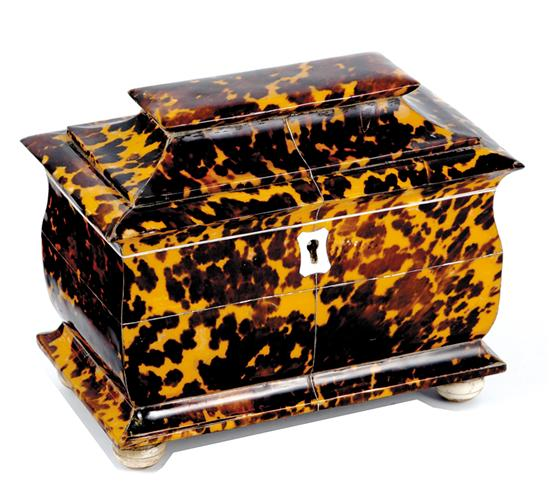 Victorian style inlaid shell tea caddy sarcophagus form with silver