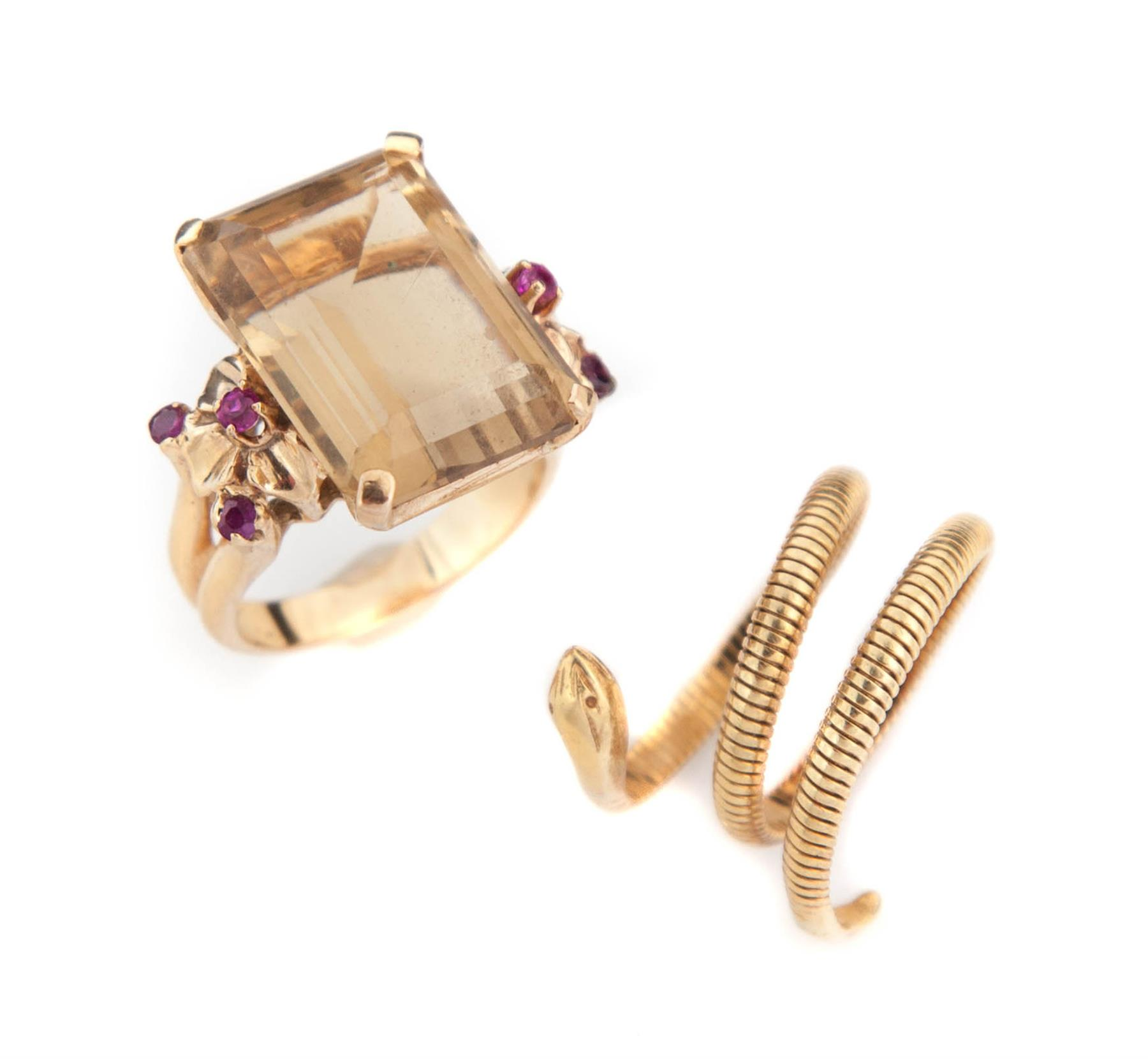 TWO RINGS 14K yellow gold retro ring with emerald cut