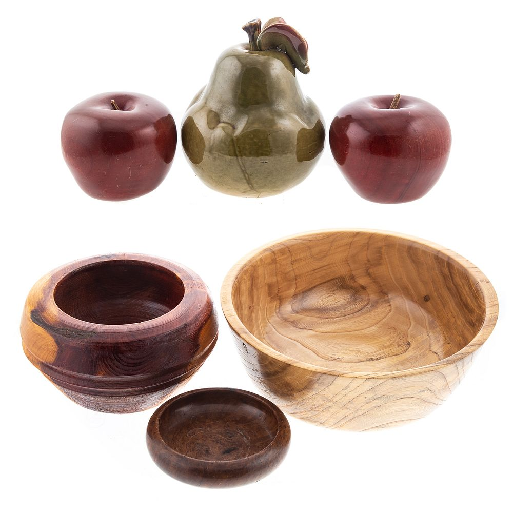 Five Wood Ceramic Objects Includes artisan turned elm wood bowl