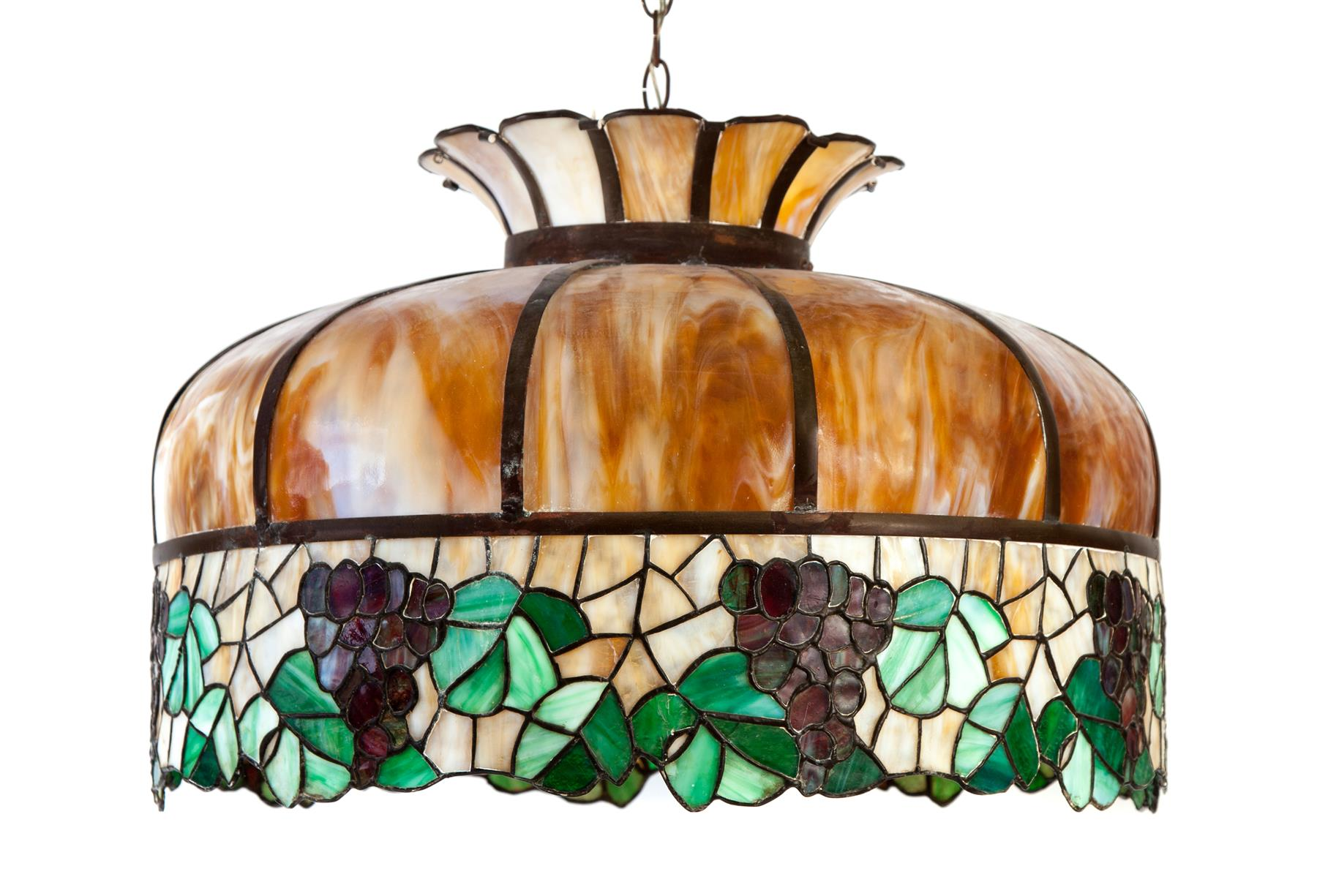 HANDING LEADED COLORED GLASS SHADE American 1st quarter 20th century
