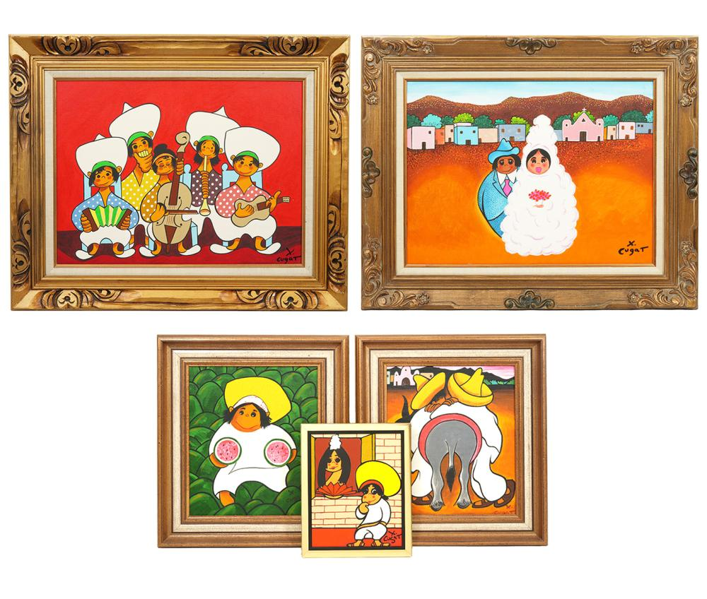 5 XAVIER CUGAT PAINTINGS OIL ON CANVAS BOARDXavier Cugat Spain